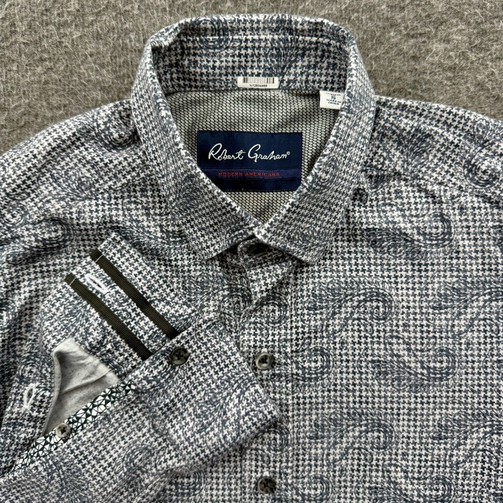 Robert Graham Shirt Mens Small Gray Houndstooth Flip Cuff Tailored Button Up